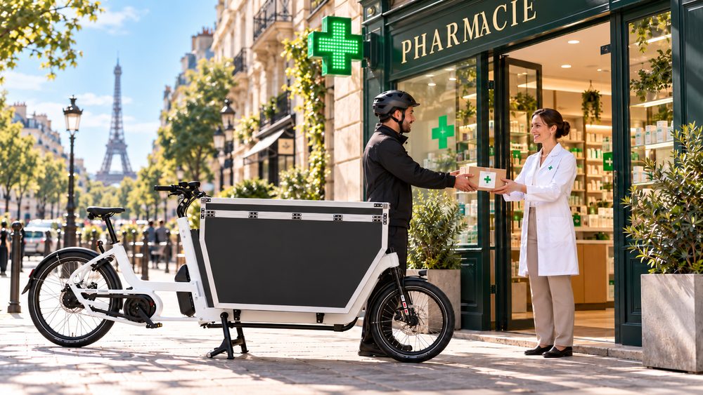 Un livreur remet un colis fermé à une pharmacienne devant sa pharmacie parisienne, à côté d'un vélo cargo blanc, avec la tour Eiffel au fond.