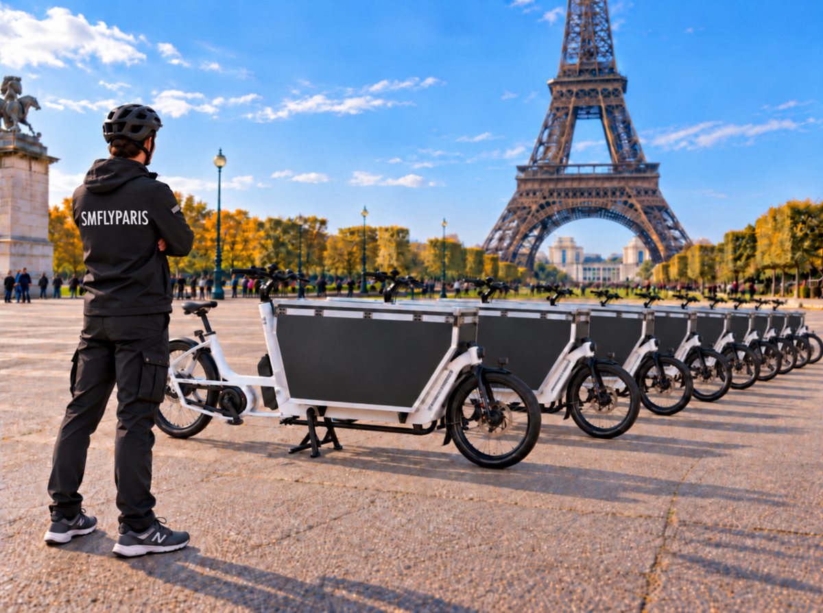 Un livreur de dos, en veste noire « SMFLYPARIS », regarde une rangée de vélos cargo blancs alignés devant la tour Eiffel, à Paris.